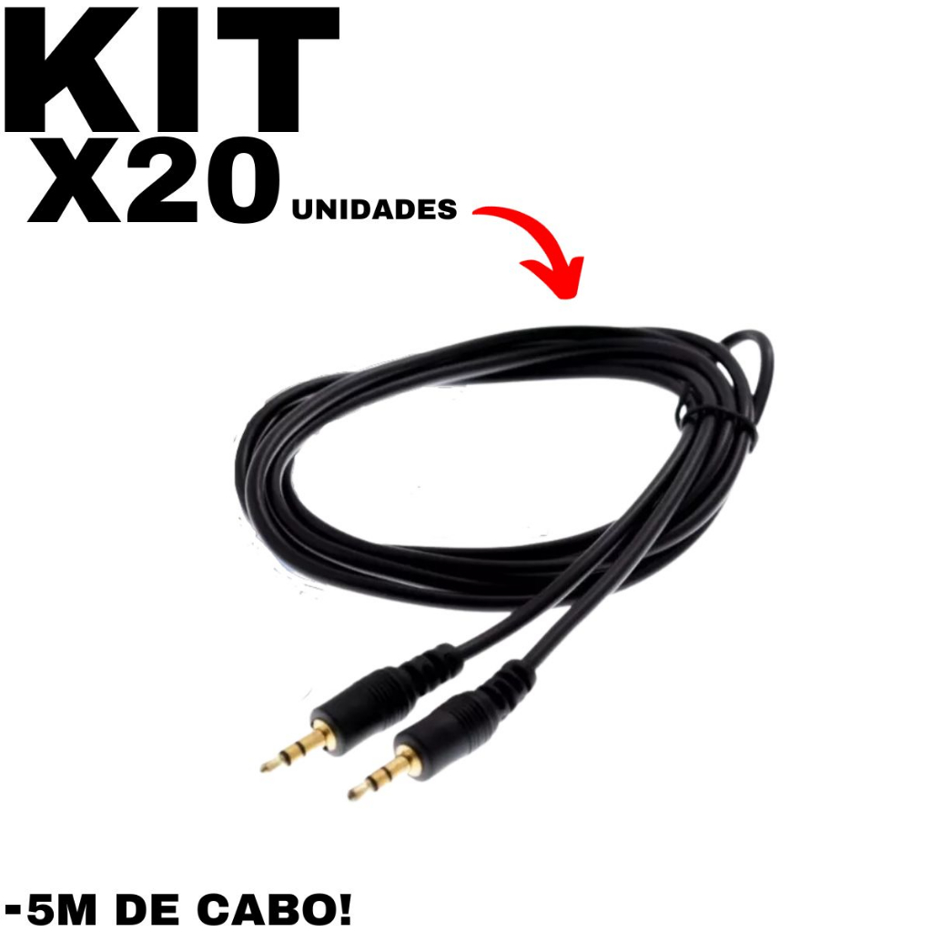 KIT 20 Cabos P2 Auxiliar Transmissor De Som Para PC Celular Guitarra Violao Carro Fone Musica Caixa De Som Caixinha De Som