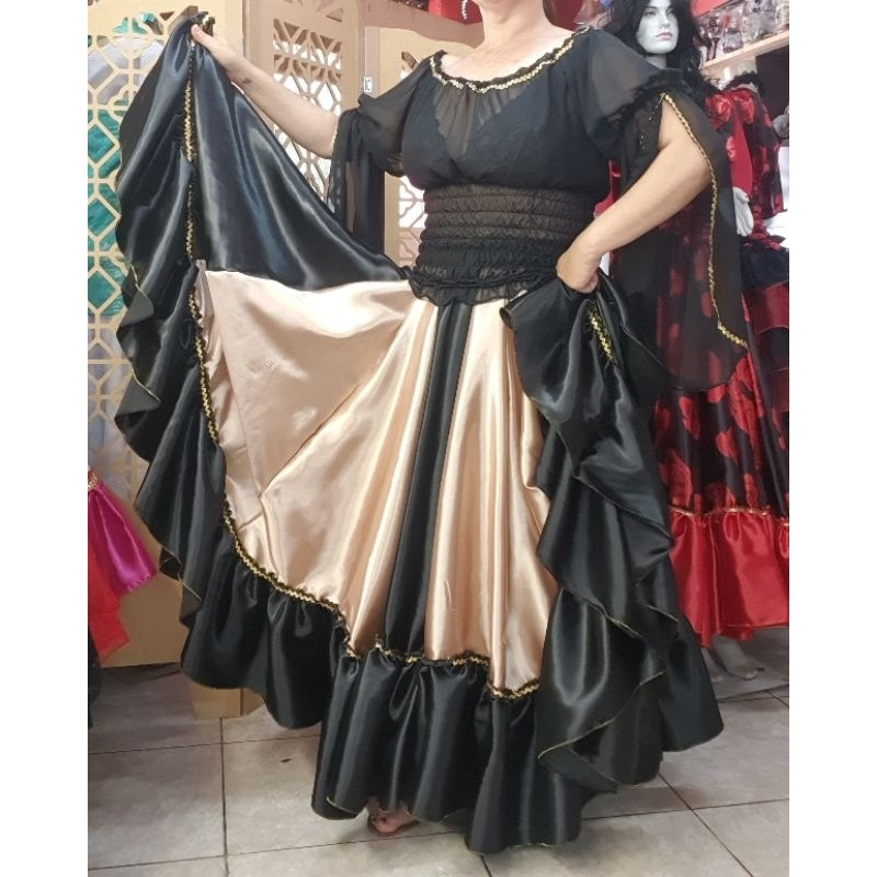 Conjunto cigano saia 15m de roda em cetim e bata manga longa em chifon ou crepe