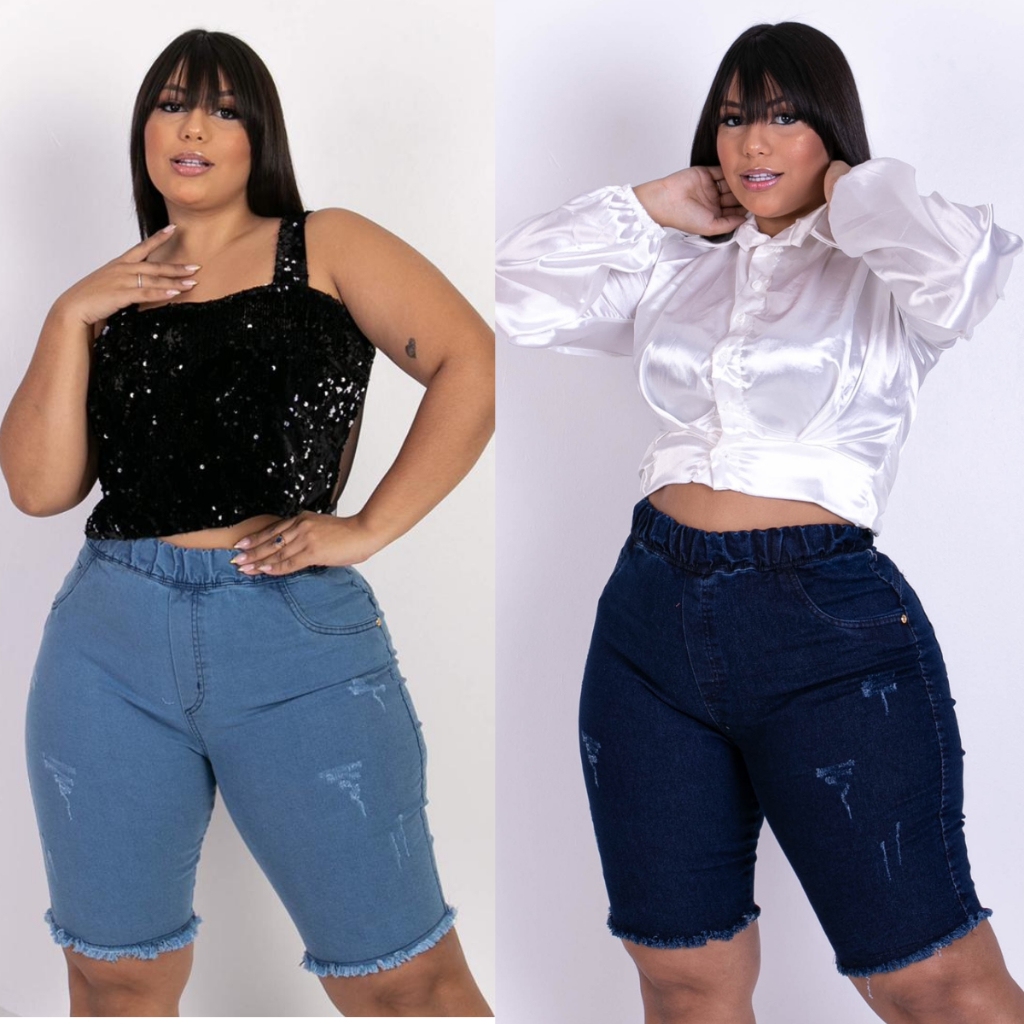 kit 2 bermuda jeans plus size cós de elástico confortável elastano cintura alta qualidade top