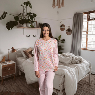 Pijama de Inverno Longo Feminino de Algodão Blusa Estampada Calça Lisa em Oferta na Shopee