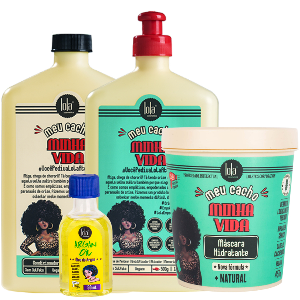 Kit Meu Cacho Minha Vida Condicionador, Creme e máscara 450g + Óleo de Argan 50ml Lola Cosmetics