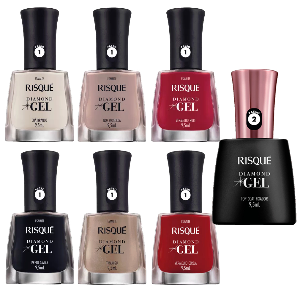 Kit Esmalte Diamond Gel Risque 6 Cores + Top Coat Fixador