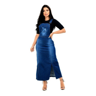 Jardineira Jeans Longa Saia Moda Evangélica Roupas Femininas Zíper