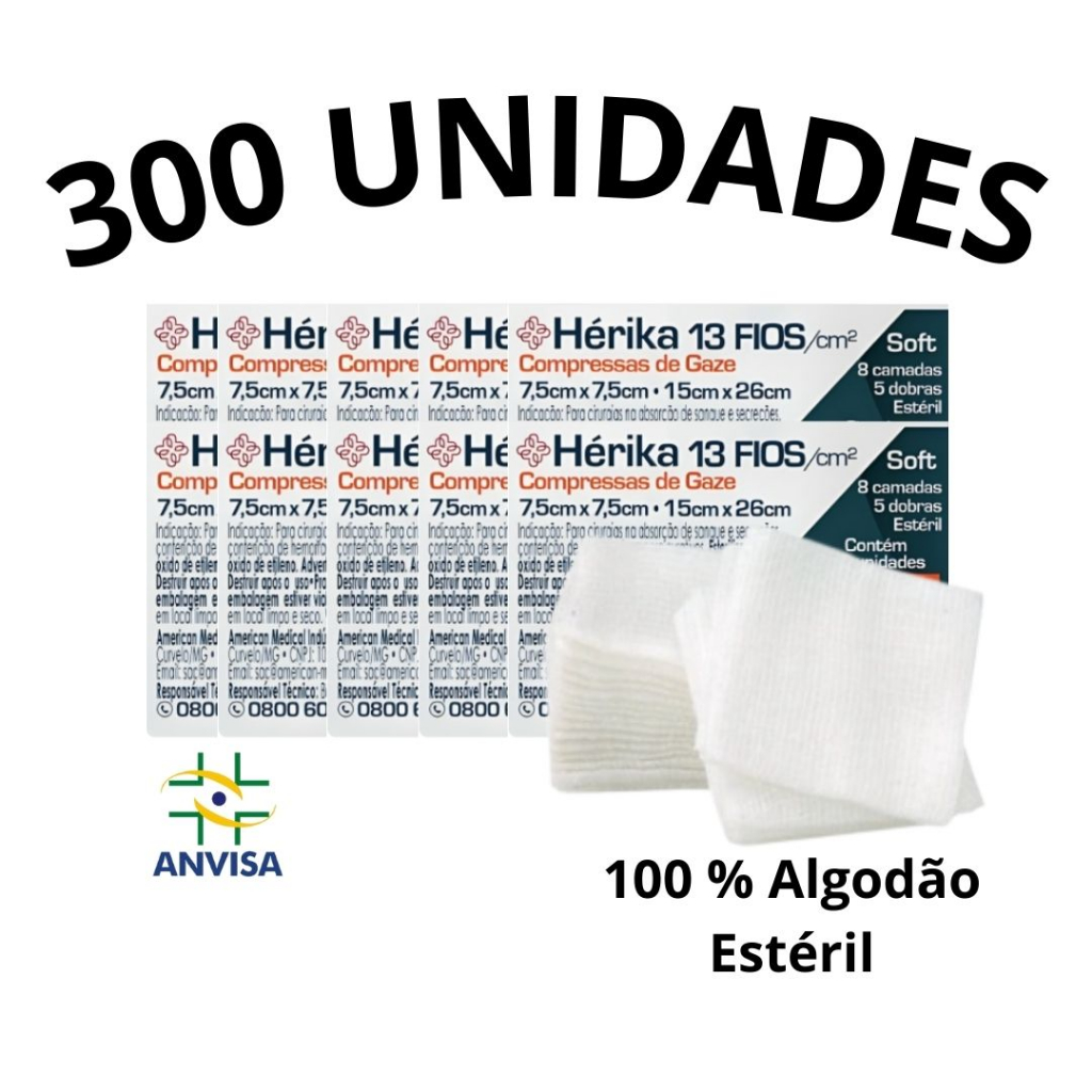 Compressa Gaze Hidrófila Estéril Hérika Cirúrgica P/ Curativo 13 Fios 7,5 x 7,5cm 100 A 300 Unidades