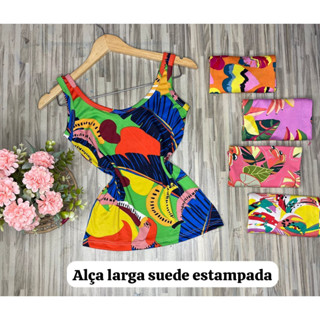 Kit 5 Regata Feminina de Alça Larga Alça Grossa Básica Malha Suede Estampada