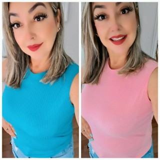 kit 2 Blusas REGATAS GOLA CARECA Feminina Malha Canelada