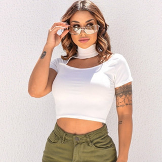 Cropped Top Feminino Gola Alta Com Recorte Moda Blogueira