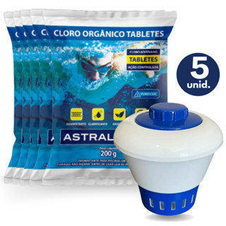 Kit 05 Pastilha Tablete Para Limpeza Piscina + 01 Margarida Clorador Flutuante MÉDIO Para Tabletes de Cloro Piscina