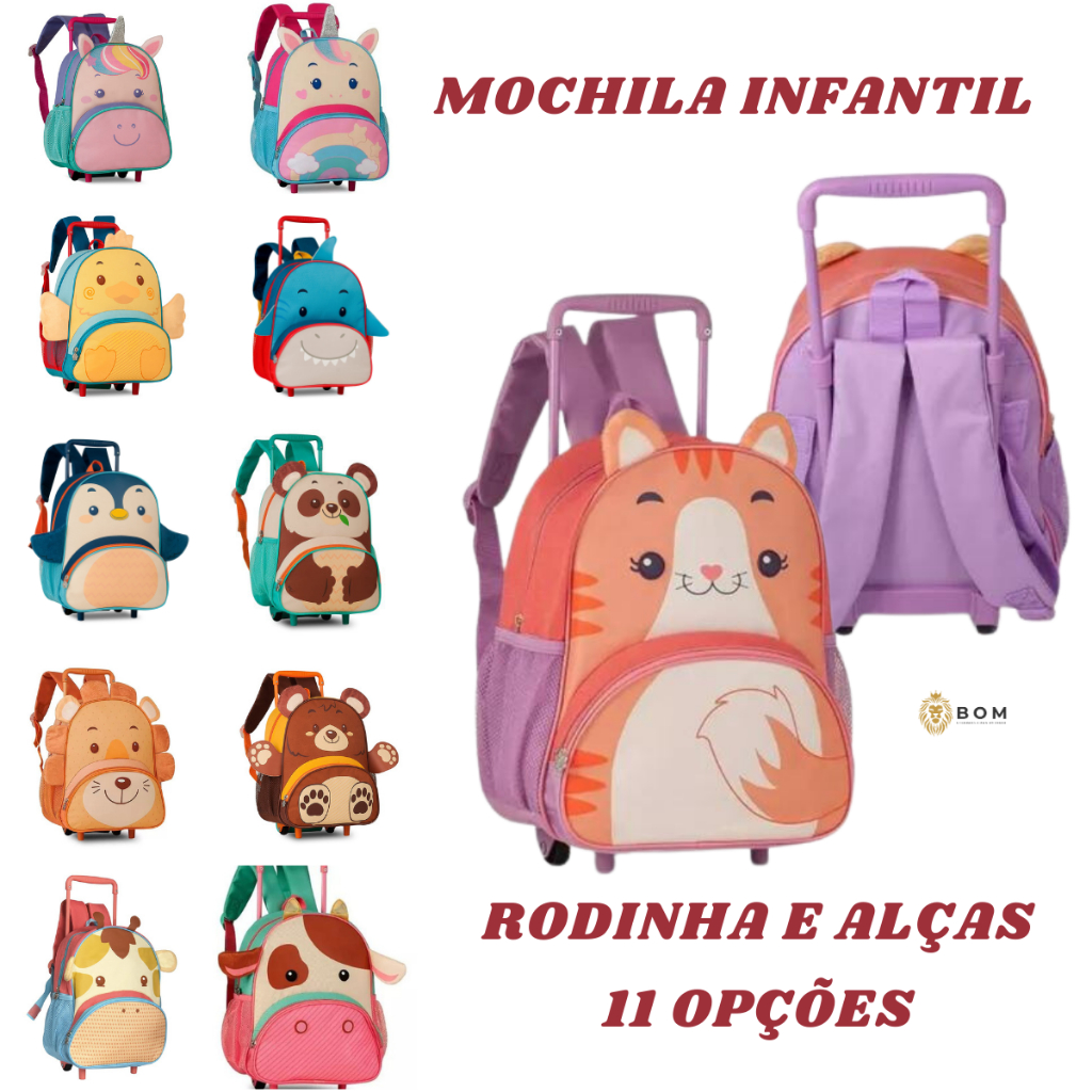 Mochila Infantil Com Rodinhas Para Crianças Creche Escolar Passeio Bichinhos Pets Com Bolso Lateral