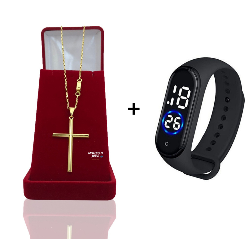 Corrente Infantil Menino Cordão Tijolinho - 1.5mm banhado Ouro 18 k com Pingente Cruz  Palito+  Relógio De Pulso Digital Com LED Prova D'água Corrente Masculina Infantil