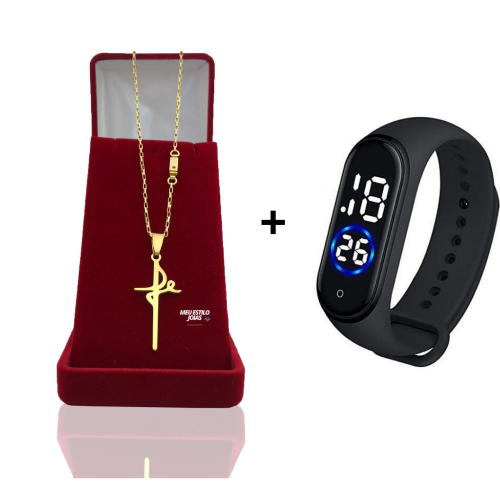 Corrente Infantil Menino Cordão Tijolinho - 1.5mm banhado Ouro 18 k com Pingente  Letra Fé +  Relógio De Pulso Digital Com LED Prova D'água Corrente Masculina Infantil