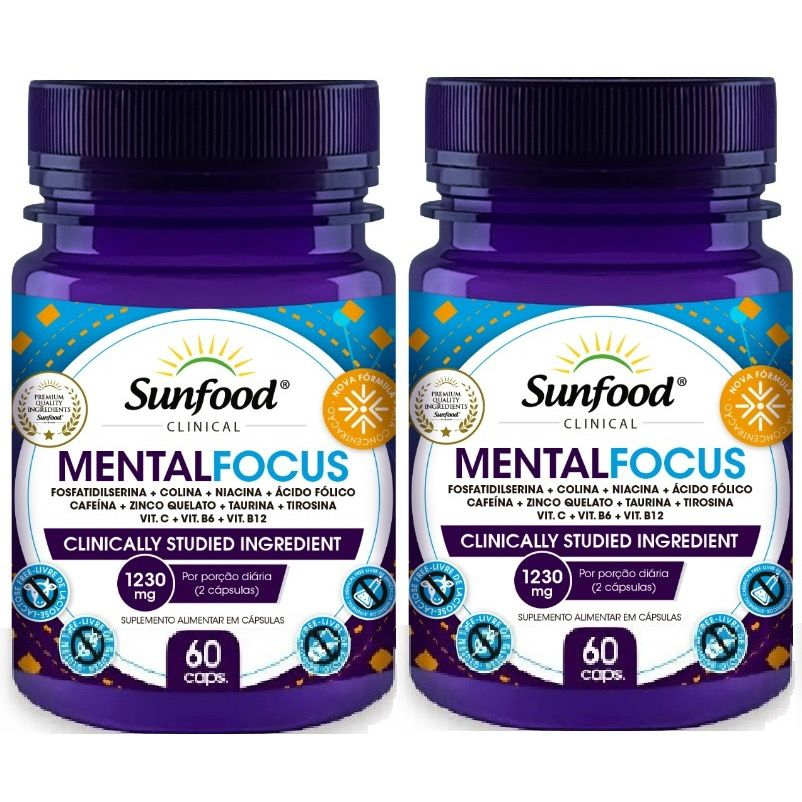 Mental Focus 1230mg 60 Cápsulas - Sunfood - Melhora o foco, memória e concentração KIT 2 UN