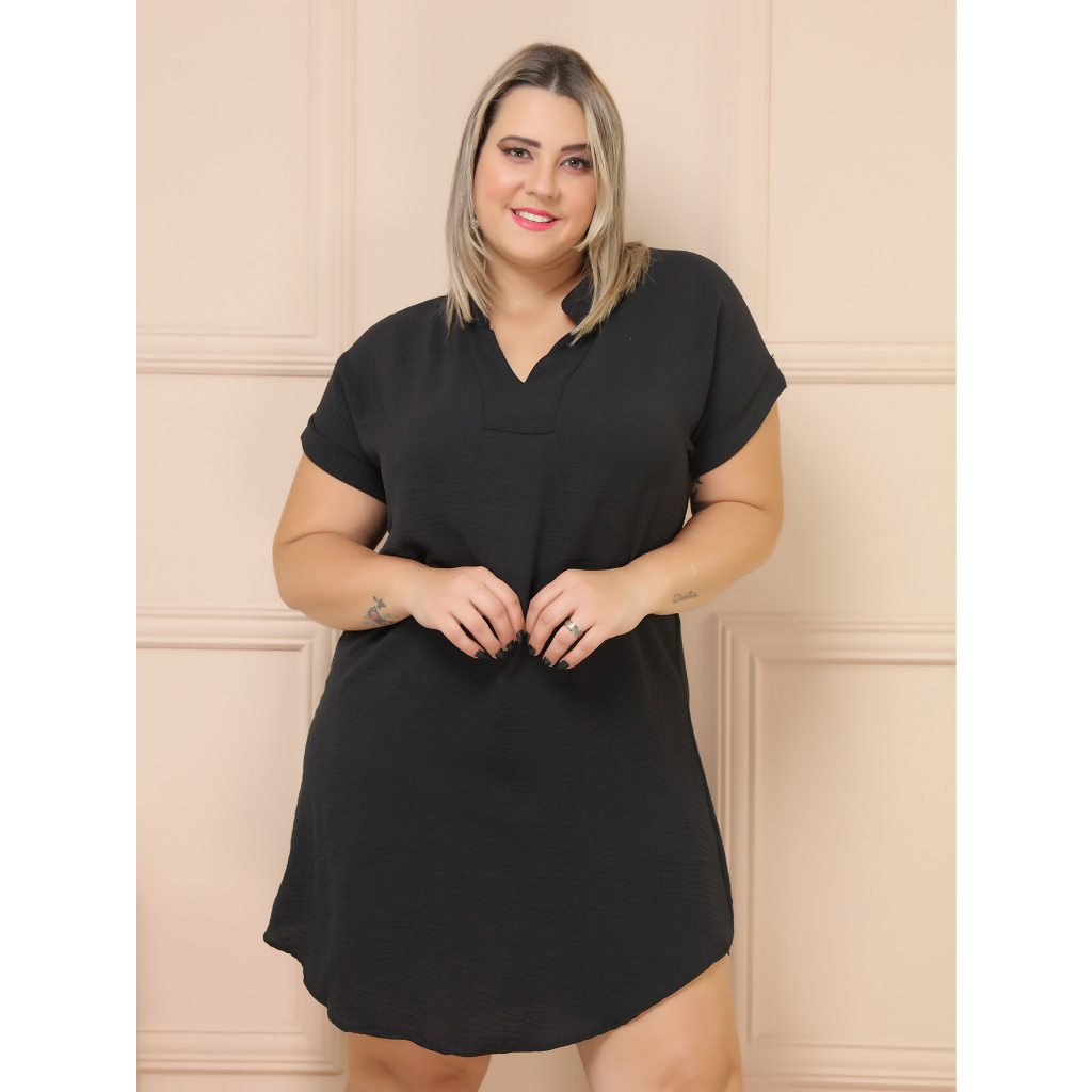 Vestido Curto Plus Size Manga Curto Gola V Elastex 48 Ao 52/COD:V47 em Oferta na Shopee