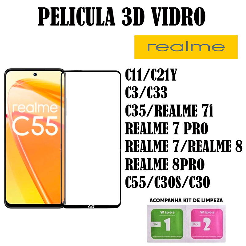 Pelicula De Vidro 3d P Realme C75/C65/C53/C67/C3/C33/C35/Realme 7i/Real7 pro/Realme 7/Realme 8/Realme 8 pro/C55/C30s/C30