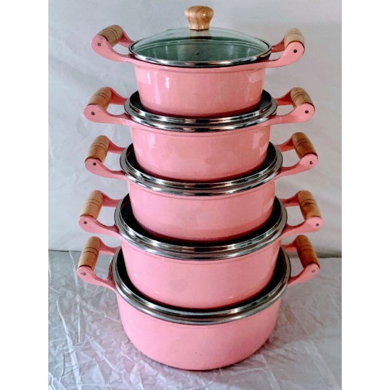 Jogo de Panela 5 Peças Rosa Bebê Alumínio Batido Fundido Grosso com Tampas de Vidro Caçarolas
