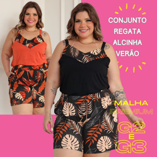 Conjunto Feminino Shorts Plus Size Regata Blusinha Short Estampado Floral Alcinha Bermuda Conjuntinho Verão Moda Maior Grande G2 G3 48 50 52 54
