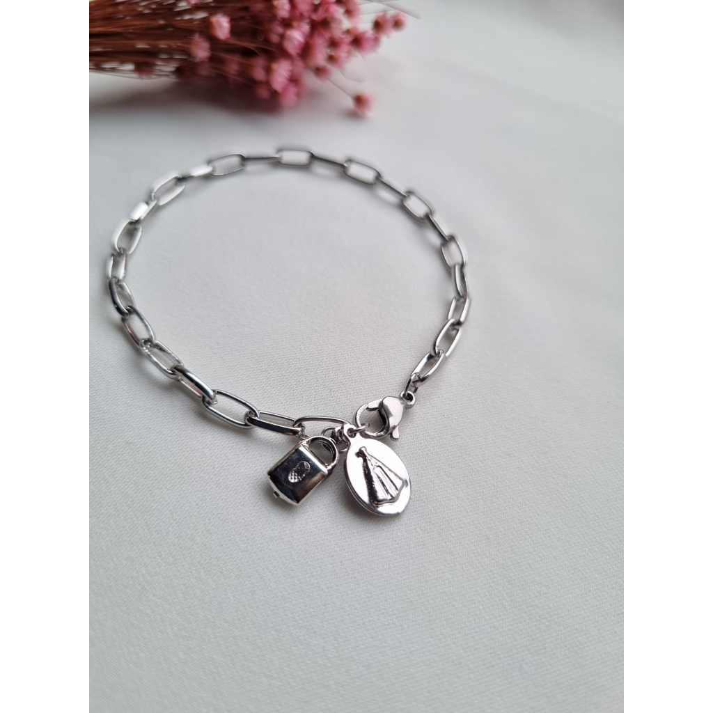 Pulseira Cadeia Consagração Cadeado Medalha Imagem Nossa Senhora Aparecida de Aço Inoxidável Antialérgico Cirúrgico