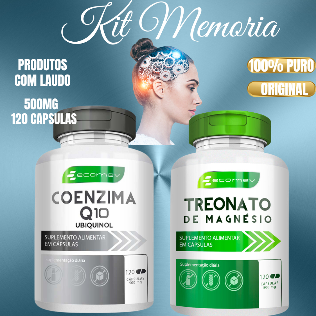 Kit Memoria Magnesio L Treonato + Coenzima Q10 Ubiquinol Puro 500mg 240Cáps Ecomev em Oferta na Shopee