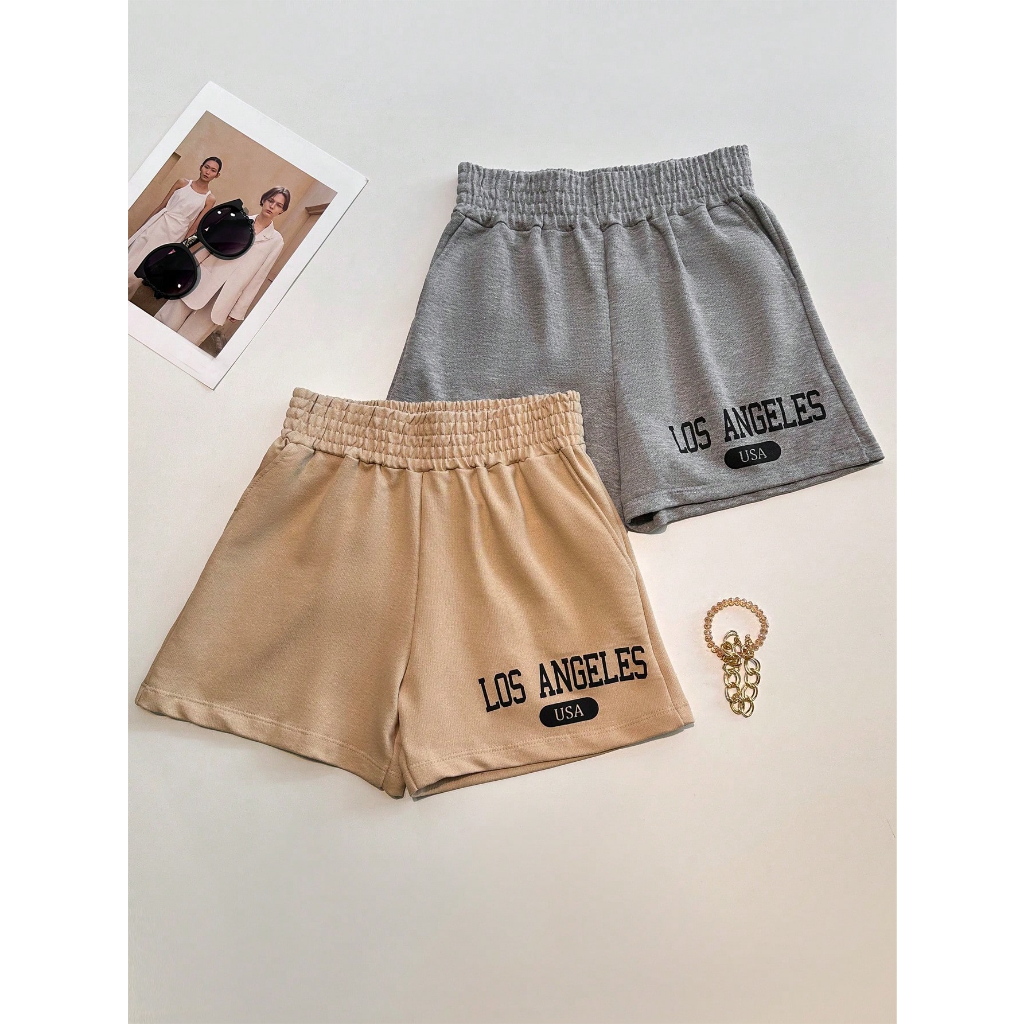 Kit 2pcs Short Moletinho feminina Estampado Cintura Alta Com Elástico Bolso