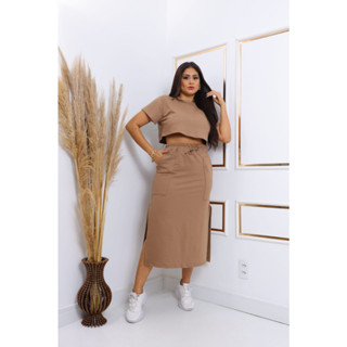Conjunto Saia Midi mais camiseta cuta moda boutique.