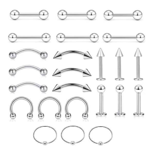 Kit Atacado 24 Piercing de Aço Cirúrgico Jóias Lingua Mamilo Captive Barbell Reto Barbell Bananinha Labret Ferradura