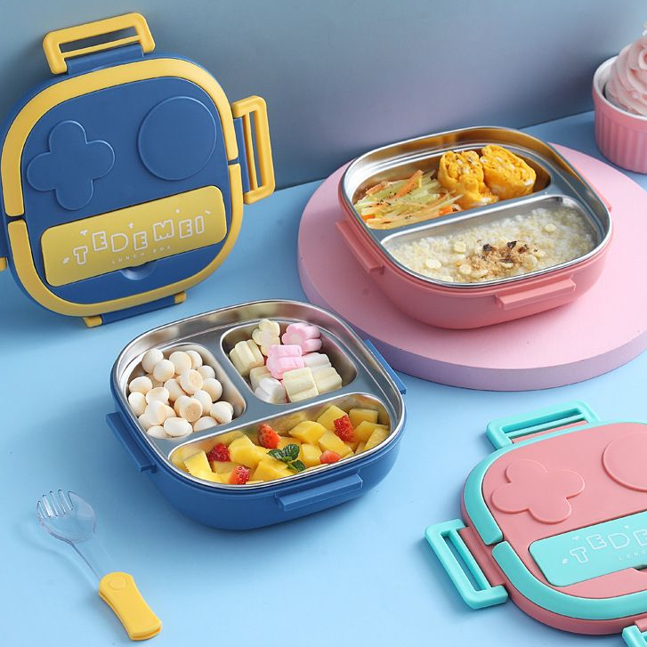 Marmita Infantil 17x17x6cm Térmica Vedável Lancheira Inox Com Garfinho 3 Compartimentos Co...
