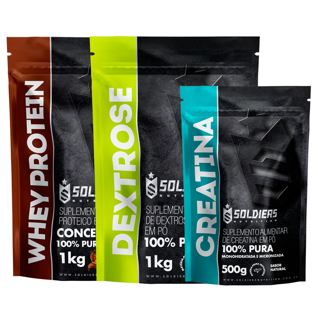 Kit: Whey Concentrado 2Kg + Dextrose 1Kg + Creatina Monohidratada 500g - 100% Importado - Soldiers Nutrition