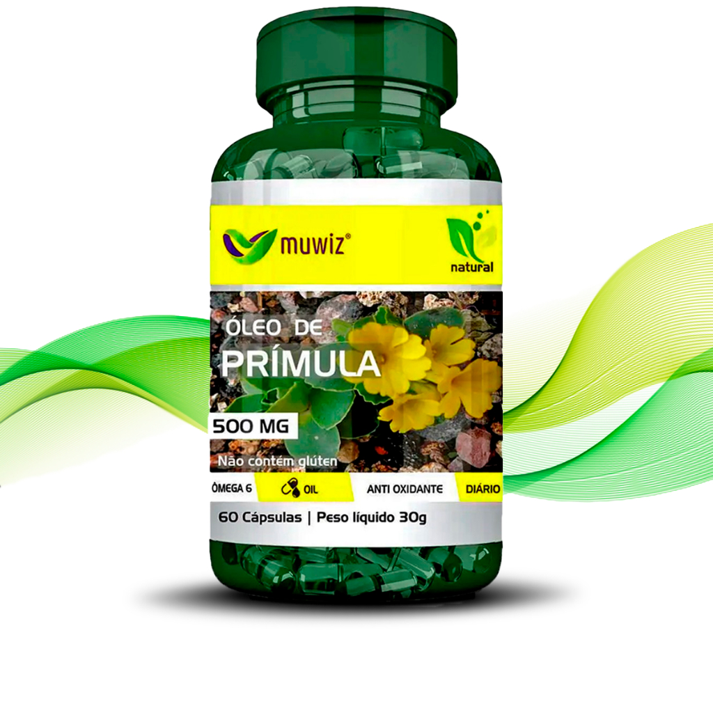 Óleo de Prímula Muwiz 60 Cápsulas 500mg c/ Ômega 6 (indicado p/ Menopausa e TPM) - Envio Turbo