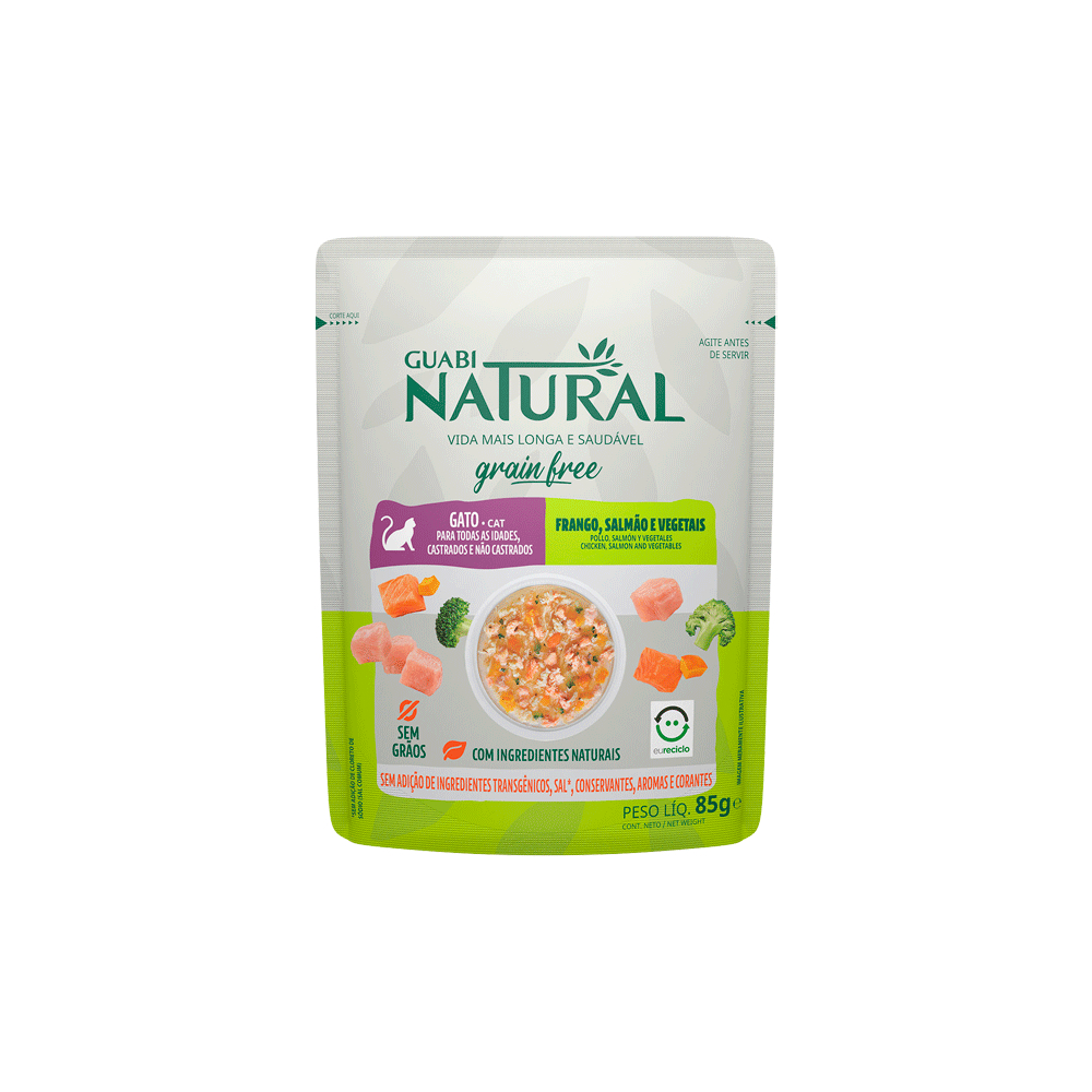 Caixa com 18 Sache Guabi Natural Grain Free Sachê Frango, Salmão e Vegetais para Gatos 85g