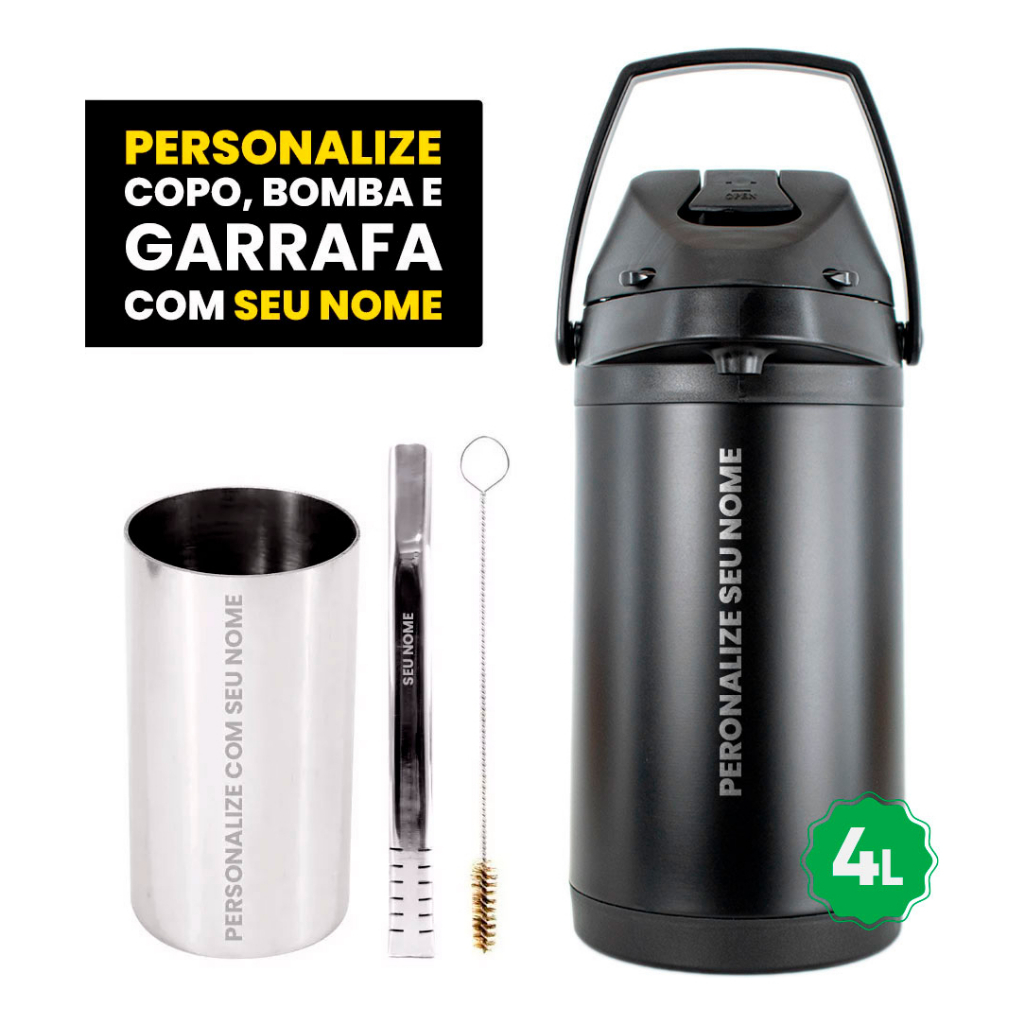 Kit Tereré Copo Bomba Garrafa Termica 4l Black - Seu Nome em Oferta na Shopee