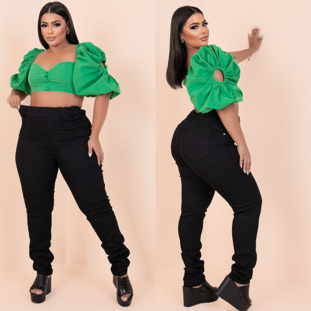 calça jeans preta skinny cintura alta tamanho grande plus strech com elastano elástico no cós muito confortável