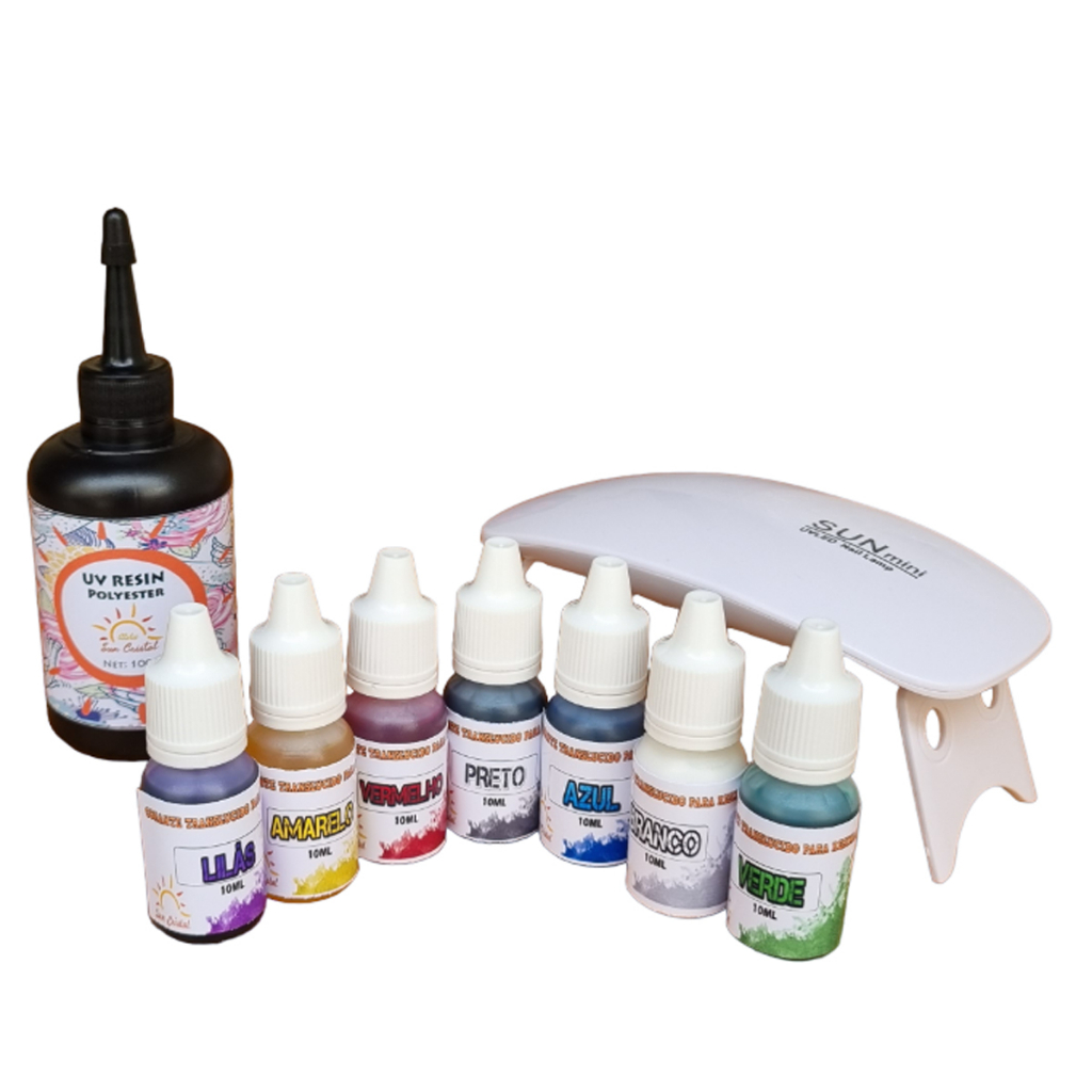 Kit Resina UV Poliéster 100g com 7 corantes para Resinas + Estufa UV para Artesanato