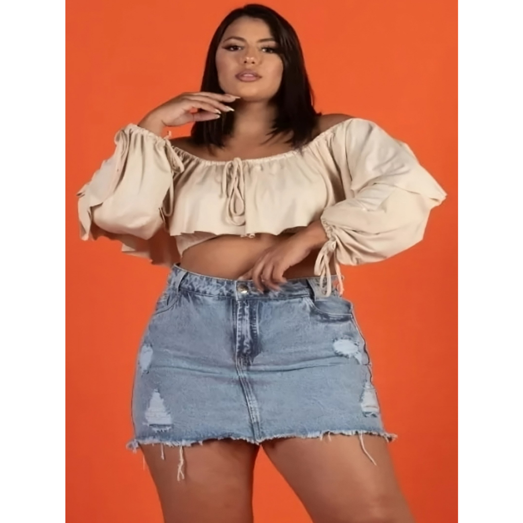Saia jeans Plus Size Hot-Paint  Barra Desfiada em Oferta na Shopee