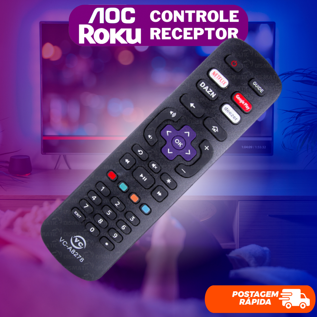 Controle Para Tv AOC Roku Tv Smart NetFlix 9091 32S5195/78G 43S5195/78G GloboPlay DAZN Deezer Novo