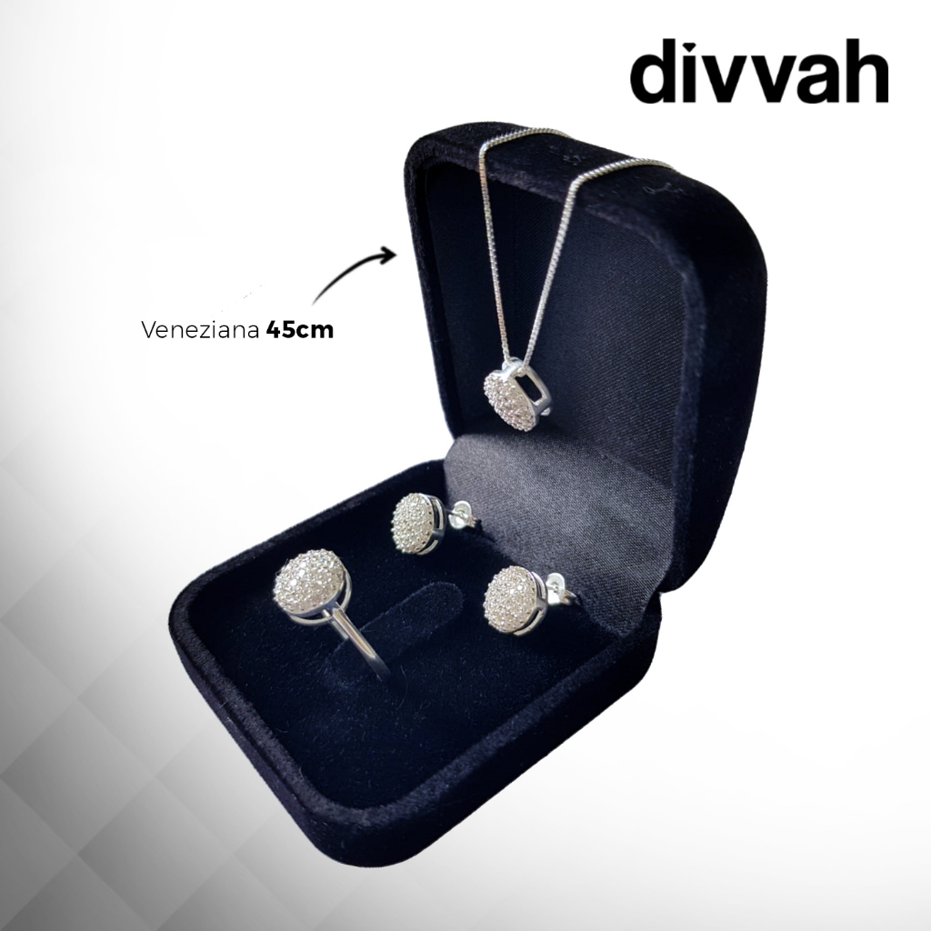 Kit Conjunto Prata 925 Chuveirinho Cravejado Anel + Par de Brinco + Colar + Pingente + Caixinha