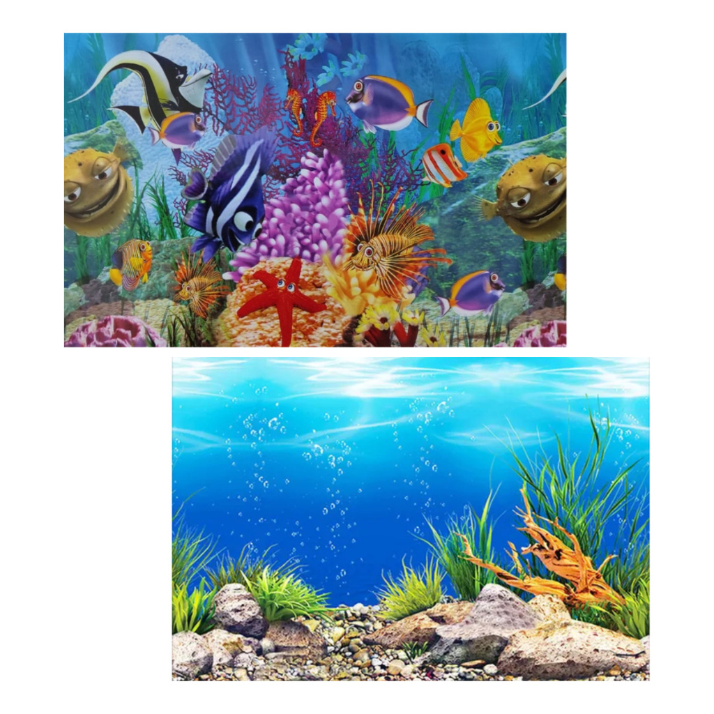 Painel Para Aquário Decorativo 90X30cm Papel De Fundo Aquario Duas Imagens Dupla Face Infantil Dory Nemo Coral Tronco Planta Mar