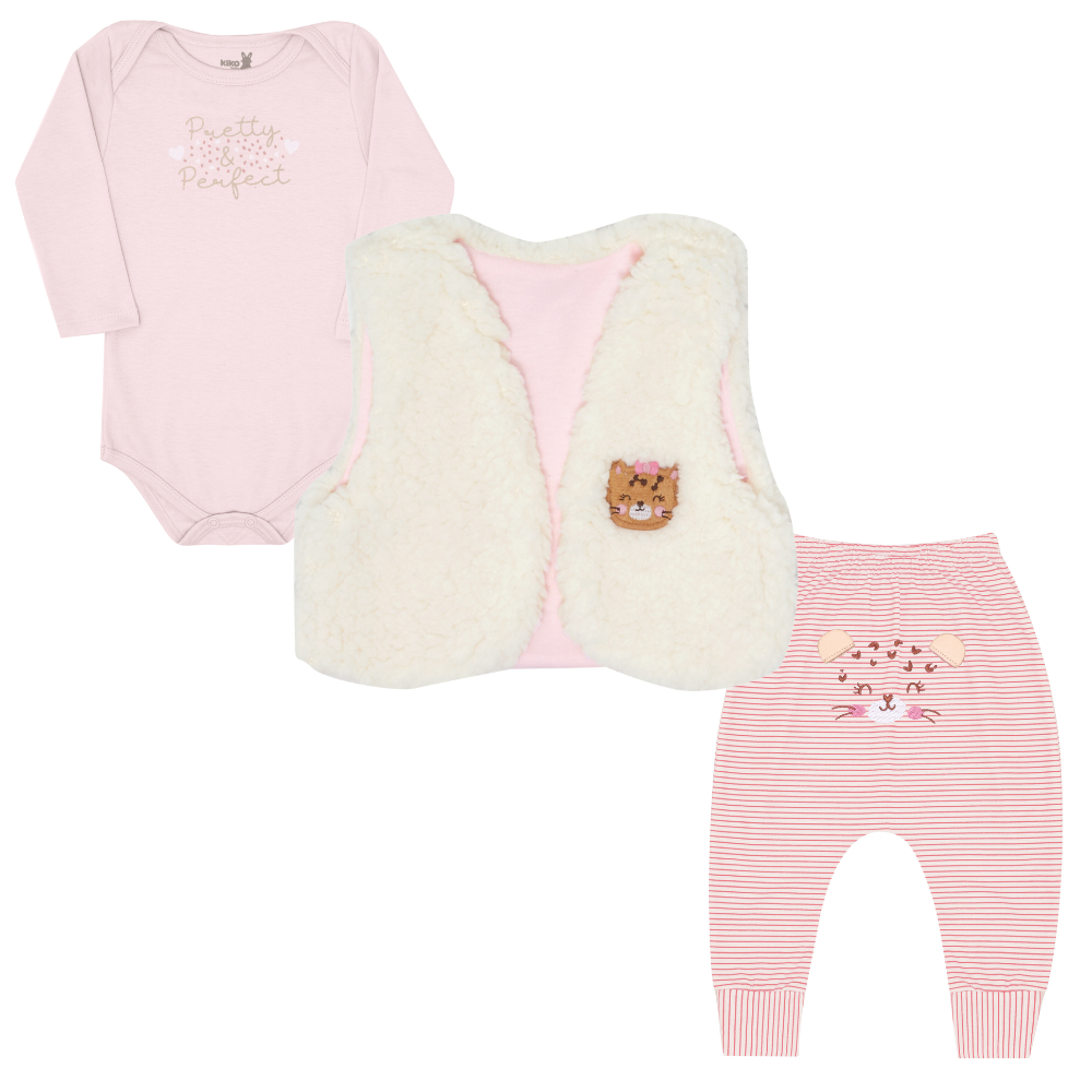 Conjunto Colete De Pelo Body E Calça Feminino Menina Criança Infantil Bebê Kiko E Kika Ref 10879