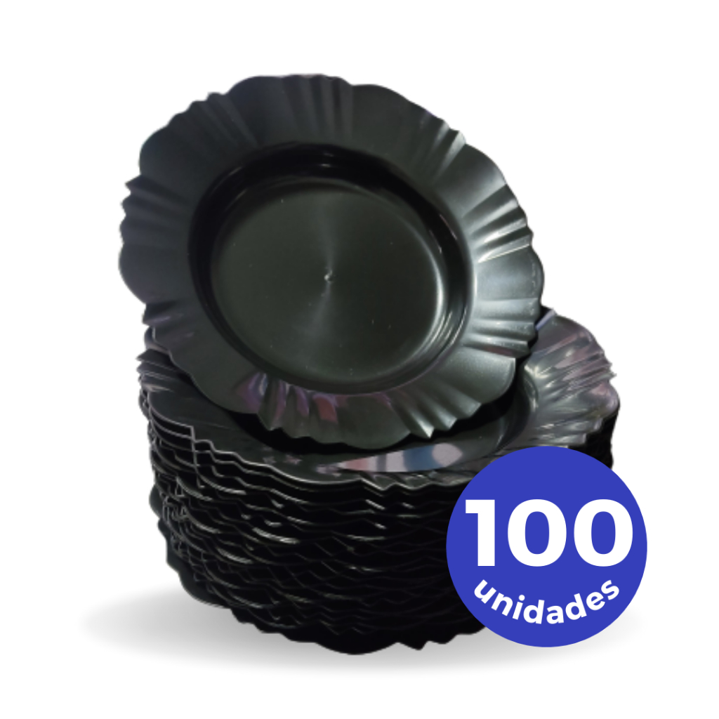 Kit 30 a 100 prato pétala fundo com borda PRETO para refeição churrasco festa jantar redondo plastico