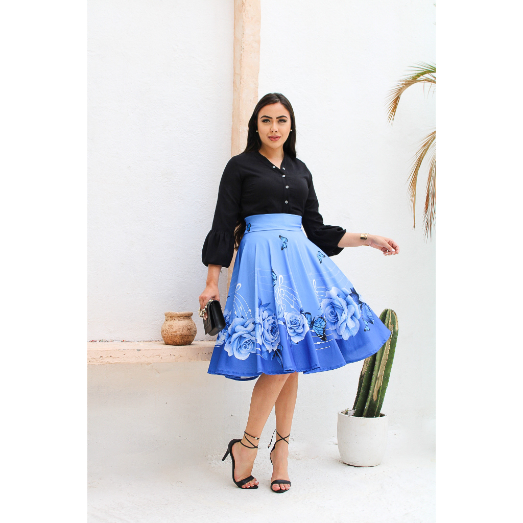 Saia Midi Godê Azul Borboletas e Notas Musicais Moda Feminina Evangelica