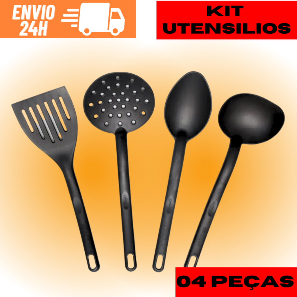 Kit 4 Peças Utensílios Preto De Cozinha Em Nylon Escumadeira Colher De Servir Concha E Espátula Jogo Cozinha Conjunto De Utensílios Em Nylon Resistente Para Cozinha Uso Diário