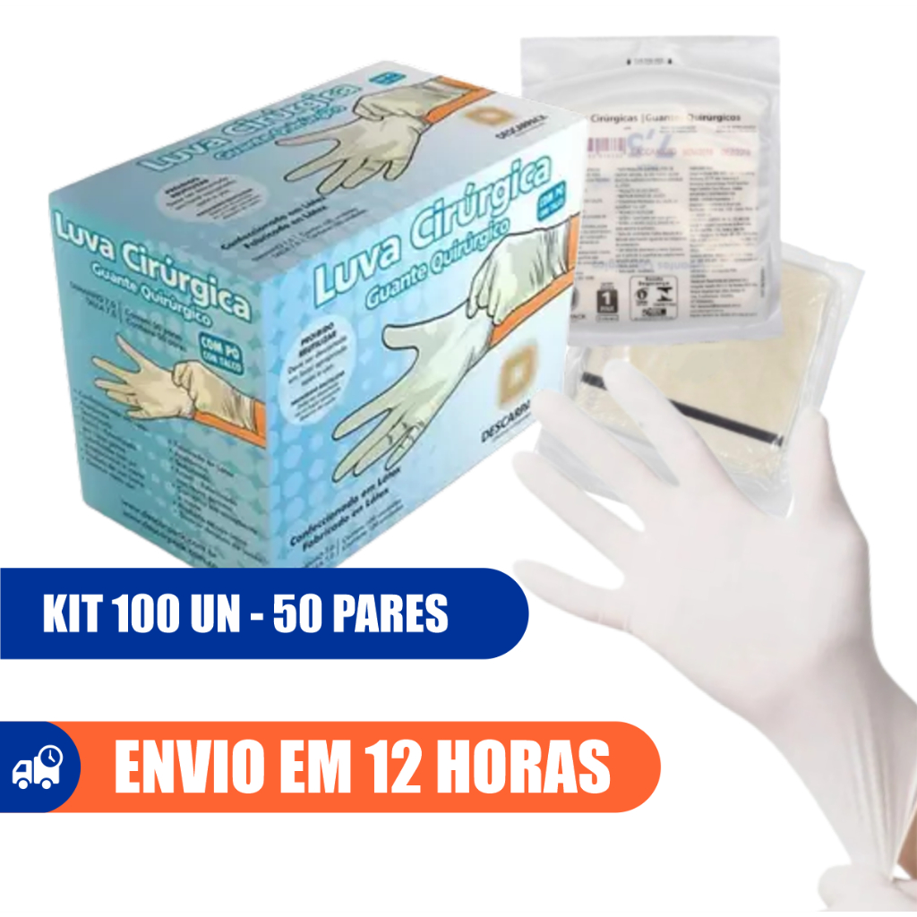 Luva Cirúrgica Estéril Látex Kit 100un 50 Pares Com Pó Descarpack