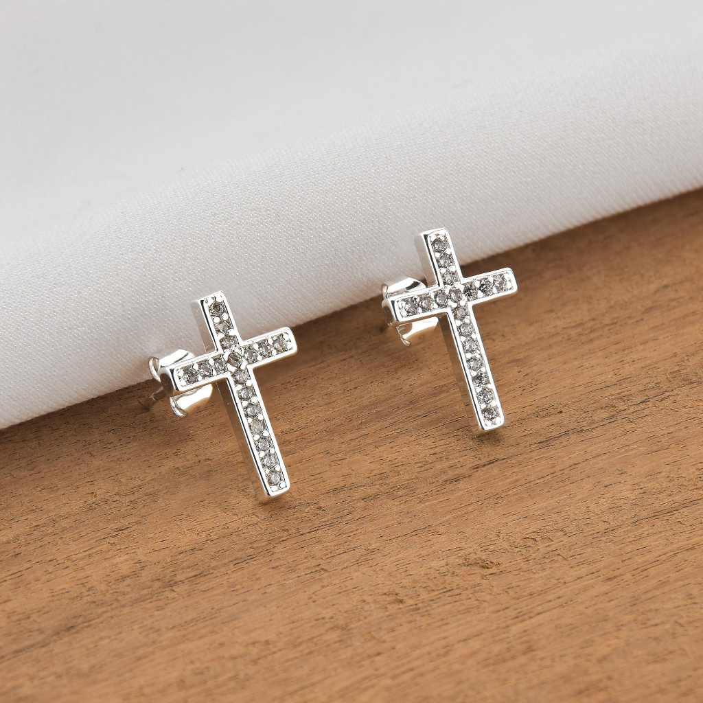Brincos de Cruz Prata Cravejado Crucifixo Banhado Ouro Branco Promoção