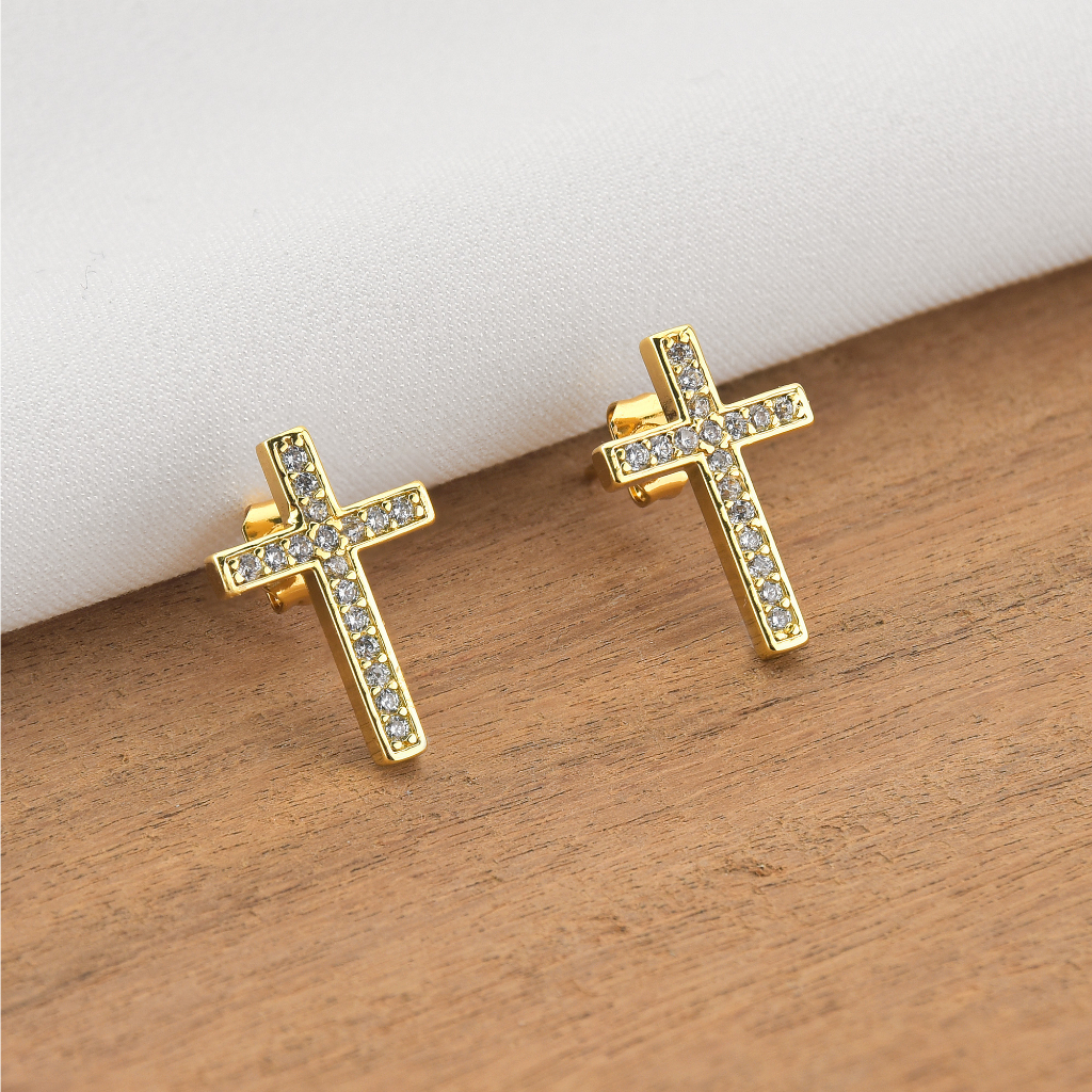 Brincos de Cruz Crucifixo Cravejado Banhado a Ouro 18k Masculino e Feminino