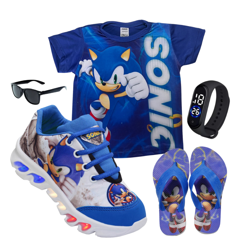 Tenis de LED infantil Sonic masculino mais chinelo mais camisa mais relogio e oculos em Oferta na Shopee