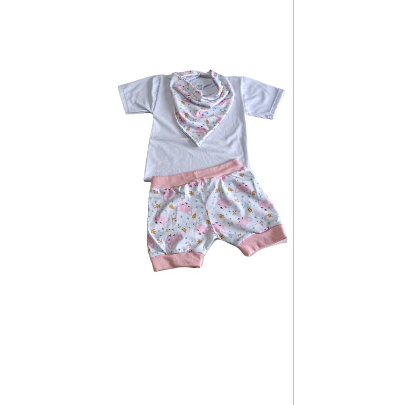 Conjunto Bebê Com 3 Peças, Body Shorts E Bandana Rapoza