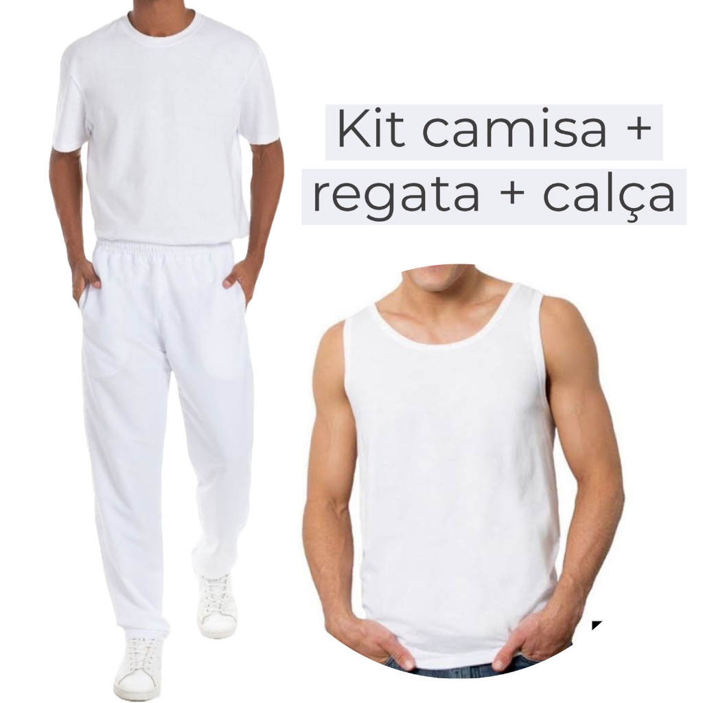 Kit Calca Tactel Branca e Camisa Poliester  Manga Curta + Regata branca