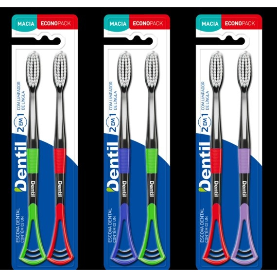 Escova De Dente Adulto 2 Em 1 Com Limpador De Lingua Macia Dentil 2 Unidades em Oferta na Shopee