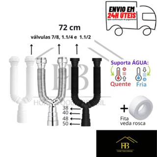 Sifão Sanfonado, Duplo, 72cm, + Fita Veda Rosca, Tubo Extensivo Resistente A Água Quente, Pia, Tanques, Cozinha, Área Gourmet, Pia Flexível Extensível Universal, Lavatórios, Mictórios, Banheiros (DN 38, 40, 48 e 50m)