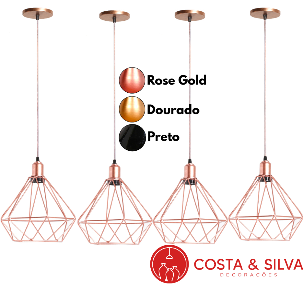 4 Pendente Lustre de Teto Luminária Diamante Aramado Industrial Vintage Cabo Cristal Rose Gold