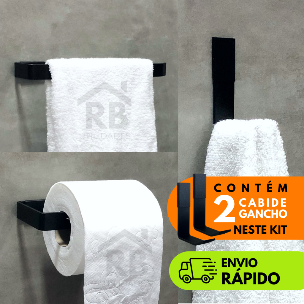 Kit Acessórios Para Banheiro Lavabo 4 peças - Porta Toalha Rosto - Porta Papel Higiênico - 2 Cabide Gancho - Preto - Cromado - Branco - Rose Gold - Decoração Banheiro - Prateleira Banheiro